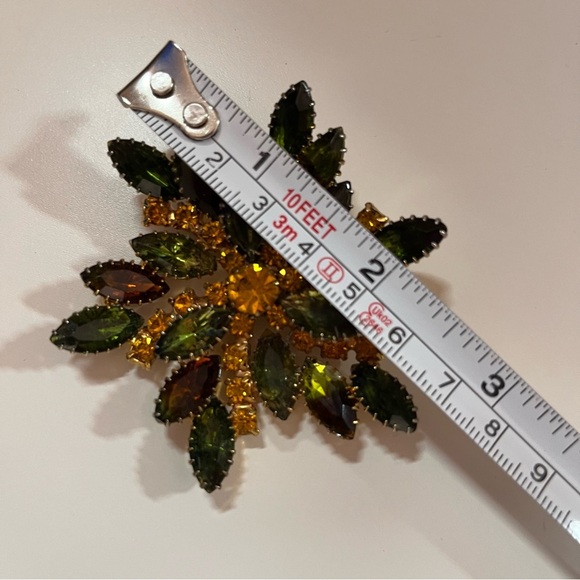 Vintage Antique Retro Juliana Oversized Crystal Amber Avocado Green Gold Brooch - Picture 6 of 12